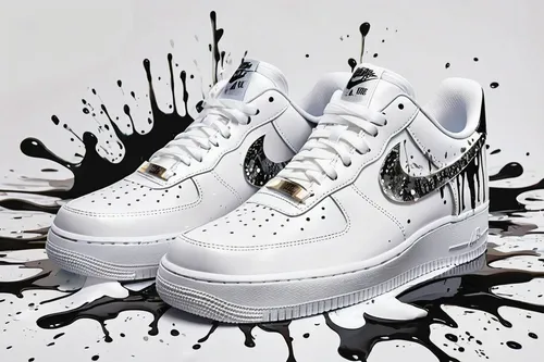 Design a sleek silver custom Airforce 1 for a high-end fashion show.,air force,tisci,splatter,paint splatter,milk splash,galaxies,air,basketball shoe,splattered,zebra fur,graffiti splatter,basketball 