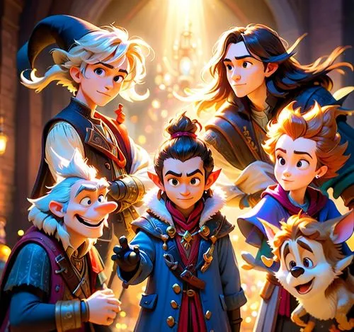 group photo of adventurers,a disney - themed illustration of maleficent and female in their old disney characters,lowenthal,rumpelstiltskin,konietzko,descendants,carolers,sokka,Anime,Anime,Cartoon