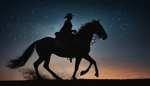 cowboy silhouettes,constellation unicorn,endurance riding,sagittarius,horseman,western riding,horsemanship,don quixote,cowboy mounted shooting,man and horses,bethlehem star,cavalry,horseback,constellation lyre,gunfighter,black horse,knight star,lone star,runaway star,standardbred,Illustration,Realistic Fantasy,Realistic Fantasy 40