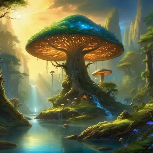 mushroom landscape,mushroom island,tree mushroom,forest mushroom,fantasy landscape,conocybe,fairy world,fairy forest,umbrella mushrooms,club mushroom,mycena,wildstar,mushrooms,cartoon video game background,mushroom type,elven forest,yggdrasil,toadstools,fairyland,toadstool,Illustration,Realistic Fantasy,Realistic Fantasy 01