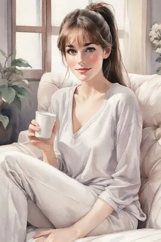 dreamy expression, natural proportions, long shoulderlong hair, stylish loose ponytail, natural lips, pale lips, pastel colour loungewear, long pants, white socks, dainty delicate graceful tender, med