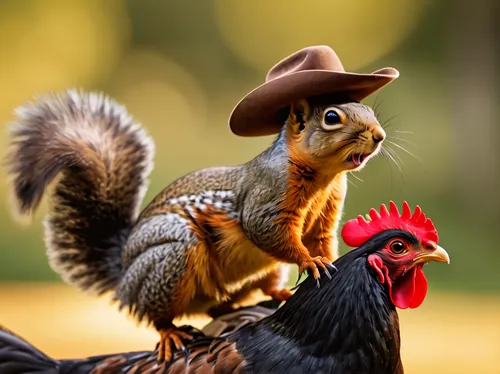 squirrel wearing a cowboy hat, sitting on top of a chicken with a saddle on it, riding the chicken as it runs,funny turkey pictures,meleagris gallopavo,pardner,thanksgiving background,pheasant,ring ne