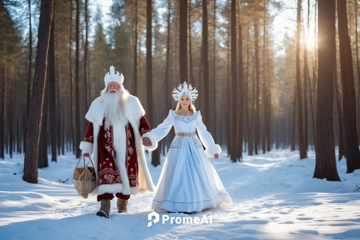 дедушка мороз гуляет со снегурочкой в лесу ,two people dressed in white and red standing in the snow,santa claus with reindeer,santa and girl,moroz,russian traditions,saint nicholas' day,suit of the s