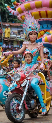 sinulog dancer,toy motorcycle,ramayana festival,ancient parade,theyyam,children's ride,dusshera,chariot racing,motorcycle drag racing,panning,barongsai,motorcycle tours,patung garuda,brazil carnival,grand prix motorcycle racing,babi panggang,riding toy,party bike,neon carnival brasil,chiang mai,Conceptual Art,Fantasy,Fantasy 24