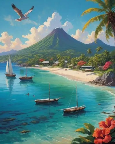 beach landscape,tropical sea,tropical beach,tropical island,tahiti,an island far away landscape,caribbean beach,landscape background,the caribbean,caribbean,hawaii,south pacific,coastal landscape,beach scenery,hawai,dream beach,mountain beach,carribean,fiji,paradise beach,Illustration,Retro,Retro 14