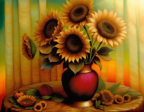 sunflowers in vase,sunflower paper,flower painting,sunflowers,sunflower coloring,sunflower,Illustration,Realistic Fantasy,Realistic Fantasy 34