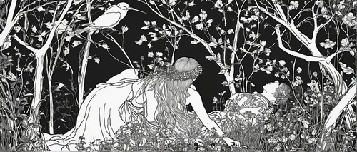 the night of kupala,dance of death,rusalka,in the tall grass,clamp,fairy tales,book illustration,the dark hedges,alfons mucha,dryad,children's fairy tale,rem in arabian nights,ballerina in the woods,cool woodblock images,a fairy tale,trembling grass,grimm reaper,throwing leaves,fairy tale,danse macabre,Illustration,Black and White,Black and White 24