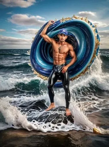 sea god,merman,god of the sea,hula hoop,poseidon,sea man,surfboat,kitesurfer,photoshop manipulation,lifebuoy,inflatable ring,life buoy,human torpedo,cirque du soleil,wind machine,big wave,man at the sea,flying disc,flying disc freestyle,surfer