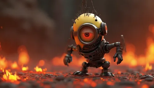 minion terminator melting in hot steel,a robot that is standing near some fire,despicable me,pyrotechnical,minion,minions,molten,dancing dave minion