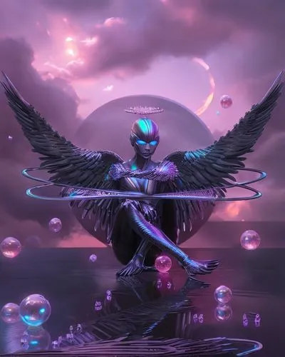 A dark angel sitting with feathered wings and black metallic skin in an iridescent colored landscape ,archangel,the archangel,nebula guardian,zodiac sign libra,libra,guardian angel,astral traveler,sto