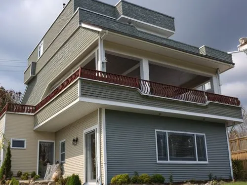 american siding cladding siding facade panel,cream, coffee, beige, white, gray color,a gray and white house with a red roof,two story house,mid century house,house with caryatids,cantilevered,house in