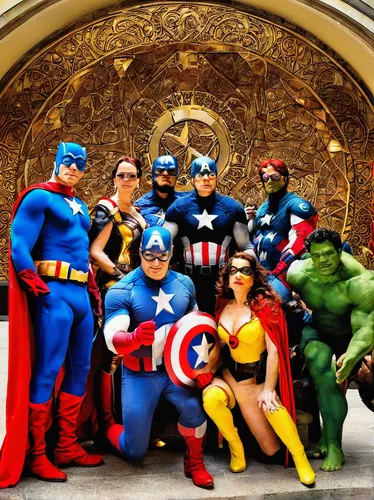 JLA vs Avengers Cosplay with George Perez at DragonCon,superheroes,assemble,the avengers,marvel comics,comic characters,avengers,marvel,justice league,comiccon,marvels,crime fighting,heroes,comic-con,