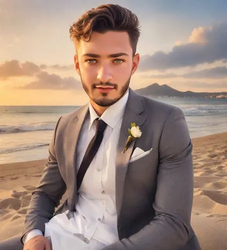 wedding suit,zelimkhan,men's suit,formal guy,beach background,groom,Photography,Realistic