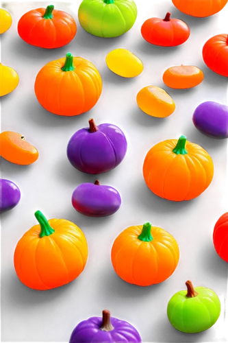 Halloween candies, colorful sweets, assorted treats, transparent wrappers, shiny surfaces, rounded shapes, vibrant colors, orange pumpkins, purple grapes, yellow moons, red lips, green apples, sprinkl