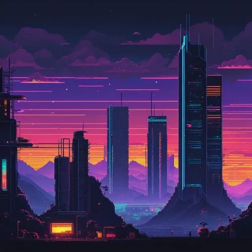 cityscape,dusk,futuristic landscape,dusk background,city skyline,skyscrapers,colorful city,metropolis,vast,horizon,cyberpunk,retro background,skyscraper,pixel art,evening city,4k wallpaper,80's design,skyline,desktop wallpaper,purple wallpaper,Illustration,Japanese style,Japanese Style 08