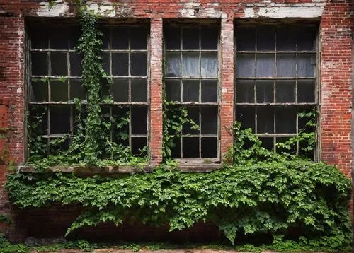 Old, abandoned, industrial building, architectural salvage, New Jersey, worn brick facade, rusty metal beams, broken windows, overgrown with vines, ivy-covered walls, peeling paint, distressed wood, c