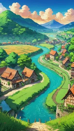 yamada's rice fields,butka,ghibli,landscape background,yazaki,kanto,studio ghibli,sylvania,rural landscape,yoshikuni,french digital background,kaitos,japan landscape,river landscape,miyazaki,idyllic,mountain village,rice fields,meteora,uzak,Illustration,Japanese style,Japanese Style 03