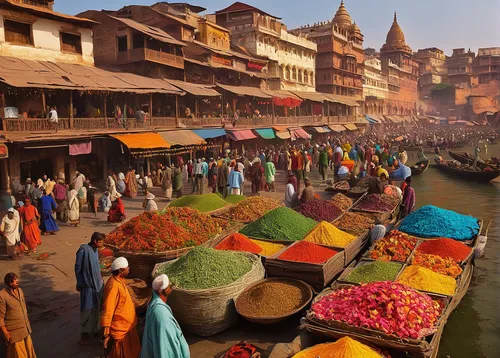 ganges,spice market,the festival of colors,india,floating market,kathmandu,colored spices,ganga,indian spices,large market,vegetable market,durbar square,srinagar,river of life project,nepal,spices,spice souk,golden temple,the market,colorful city,Illustration,Children,Children 01