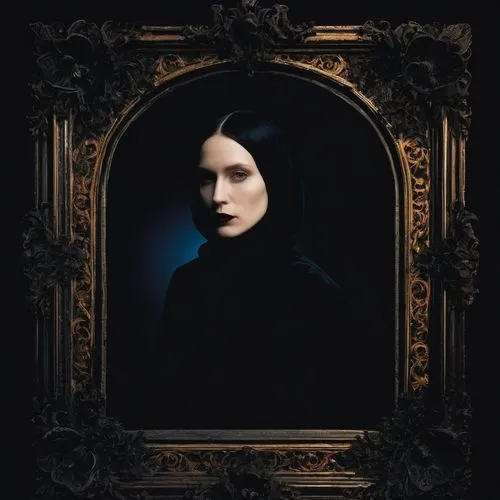 gothic portrait,the nun,the mona lisa,mona lisa,dark portrait,gothic woman,swath,goth woman,the witch,dark gothic mood,queen of the night,tilda,mystical portrait of a girl,art nouveau frame,dark art,black coat,seven sorrows,the enchantress,nun,the magdalene,Photography,Documentary Photography,Documentary Photography 37