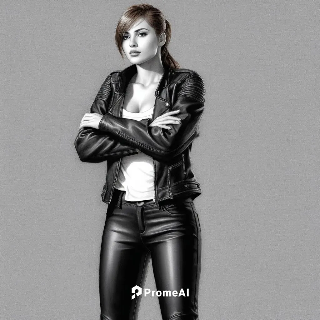 Heroine. Scalp: "Low-tailed long ponytail-braid, brown haired". Clothes: "Black-and-white top", "Black leather jacket, unzip", "Black motorcycle long pants".

Hyperrealism pencil sketch drawing, intri