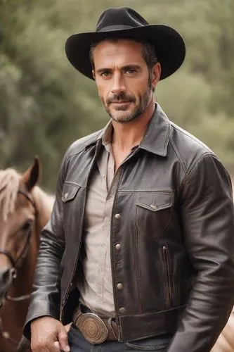 Mature Handsome man.Elegant ranch in Sonora, Mexico. Elegant black Ranch style clothing, leather jacket, cowboy hat, horse. Mexican soap opera villain vibes. Strong muscle body,a man in a hat on a bro