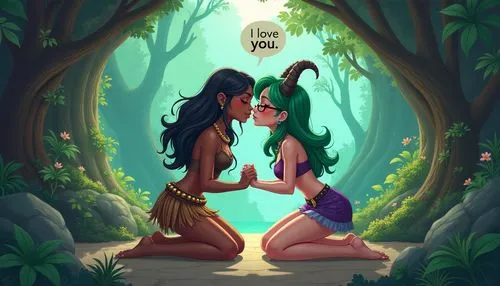 adam and eve,lilo,wlw,garden of eden,tarzan,pda,inara,fauns,sapphic,romantic scene,lesbia,jasmila,kissing frog,amazonians,game illustration,seana,girl kiss,first kiss,poyiadjis,moana