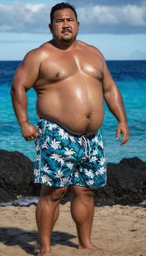 raw photo, burly chubby guy, tongan 40 years old, round face, fat, wet skin, joyfull face, black skin, wearing hawaiian shirt, full body shot, hands on waist, body hair on chest, fat chubby chest, chu