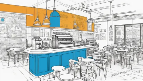 kitchen design,chefs kitchen,kitchen interior,food line art,big kitchen,tile kitchen,blue coffee cups,core renovation,the coffee shop,3d rendering,teal and orange,kitchenette,star kitchen,coffee tea illustration,the kitchen,kitchen,watercolor cafe,soda fountain,coffee shop,renovate,Unique,Design,Blueprint