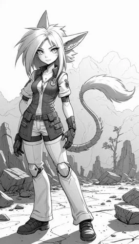 desert fox,adventurer,starfox,grayscale,boktai,cat warrior,Design Sketch,Design Sketch,Detailed Outline