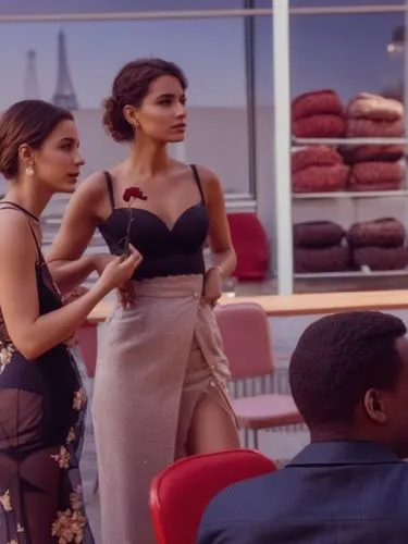 "Aubade", PARIS,two beautiful women wearing dresses in front of doughnuts,business women,kardashians,businesswomen,video scene,braxtons,skybar,Photography,General,Realistic