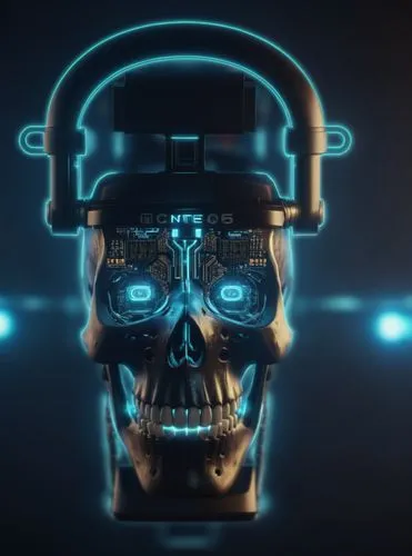  骷髅头,the skull is wearing headphones in a 3d rendering,cyberdyne,cybernetically,cybernetic,cybernetics,cyborg,terminator,Photography,General,Sci-Fi