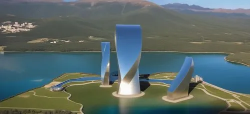 lago en el medio de los edificios , edificios de cristal
,this is a futuristic building on top of a island,skylon,solar cell base,sky space concept,supertall,spaceports,futuristic architecture,the ene