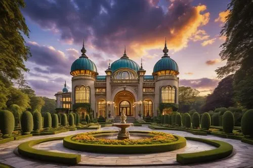 Spectacular modern skyscraper, luxurious mansion, grand entrance, ornate gates, intricate stone carvings, symmetrical facade, towering pillars, majestic dome, stained glass windows, marble floors, lav