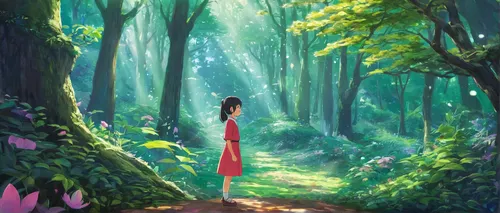forest path,forest walk,forest of dreams,in the forest,fairy forest,forest,ballerina in the woods,the forest,forest background,forest road,pathway,the path,stroll,wander,trail,enchanted forest,girl in a long dress,world digital painting,fairy world,girl with tree,Illustration,Japanese style,Japanese Style 09