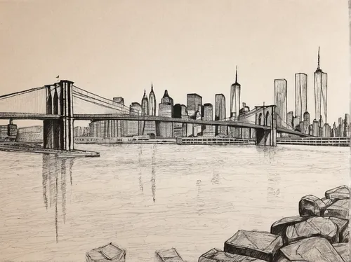 charcoal drawing,pencil art,brooklyn bridge,pencil drawing,pencil drawings,graphite,pencil frame,1wtc,1 wtc,pencil and paper,charcoal pencil,city scape,crosshatch,vintage drawing,bridges,cityscape,pen drawing,chalk drawing,manhattan skyline,manhattan,Photography,Documentary Photography,Documentary Photography 35