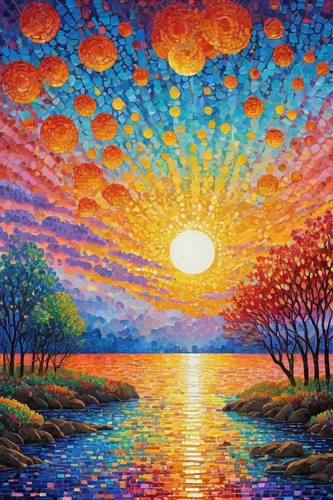 sun,colorful tree of life,incredible sunset over the lake,oil painting on canvas,color fields,art painting,layer of the sun,psychedelic art,painting technique,tangerine tree,harmony of color,sun reflection,lsd,double sun,sunset,oranges,setting sun,oil on canvas,bright sun,oil painting,Conceptual Art,Daily,Daily 31