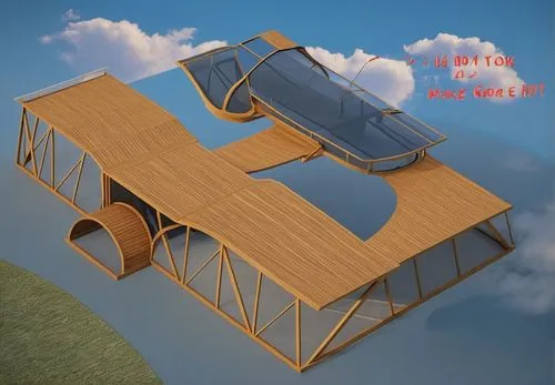 design a building on a open ground
give a look like plane
do not  make gaeden on top,moveable bridge,dog house frame,lifeguard tower,playground slide,halfpipe,sky apartment,powered hang glider,bunk be