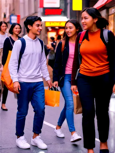 Busy city street, crowd sound effects, people walking by, blurred faces, varied skin tones, casual clothes, backpacks, shopping bags, morning commute, warm lighting, soft focus, shallow depth of field