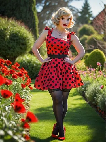 Ladybug, red and black polka dot dress, big booty, curvy legs, high heels, shiny stockings, long eyelashes, bright red lipstick, cute facial expression, hands on hips, sassy pose, garden background, c