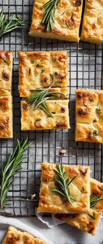 focaccia squares on small wire cooling rack. rosemary sprigs and garlic cloves next to rack,focaccia,savory biscuits,yellow leaf pie,spanakopita,puff pastry,leek quiche,cheese bread,pastiera,flaky pas