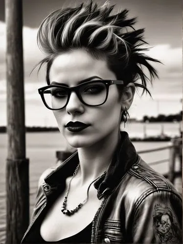 punk,punk design,librarian,streampunk,portrait photographers,rockabilly style,portrait background,beatnik,goth woman,mohawk,pompadour,harley,grunge,greta oto,artist portrait,pixie-bob,silphie,silver framed glasses,blogger icon,mohawk hairstyle,Illustration,Realistic Fantasy,Realistic Fantasy 10