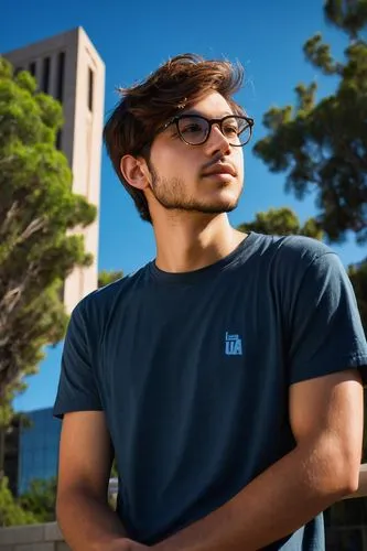 UCLA architecture graduate, young adult, male, casual wear, messy brown hair, black-rimmed glasses, facial stubble, relaxed posture, leaning against a, modern building column, University of California