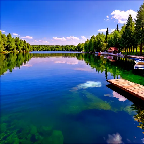 Lake scenery, calm waters, vibrant colors, summer season, sunny day, clear blue sky, fluffy white clouds, trees along shoreline, lush greenery, wooden dock, sailboats, reflections on water, panoramic 