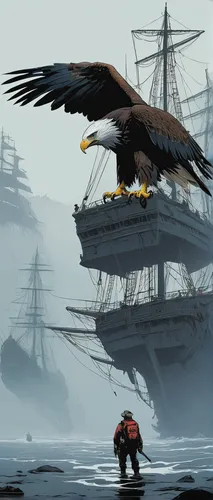 sea hawk,mariner,giant sea eagle,sea swallow,sea eagle,steller's sea eagle,pirate ship,sea scouts,sea head eagle,birds of the sea,fishing hawk,world digital painting,carrack,galleon ship,pirate,rescue and salvage ship,bird of prey,imperial eagle,seafaring,pirate flag,Illustration,American Style,American Style 06