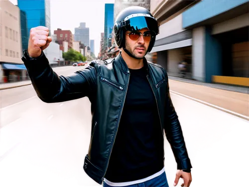 Dynamic movement, blurred background, speed lines, energetic atmosphere, futuristic cityscape, sleek sports car, racing helmet, aviator sunglasses, leather jacket, muscular arm, clenched fist, intense