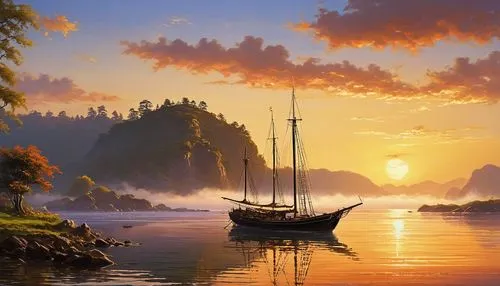 boat landscape,old wooden boat at sunrise,sailboat,sailing boat,sailing-boat,sail boat,sea sailing ship,sail ship,fantasy landscape,sea landscape,coastal landscape,landscape background,sailing,fantasy picture,boat on sea,sailing ship,long-tail boat,an island far away landscape,idyllic,world digital painting,Photography,General,Realistic