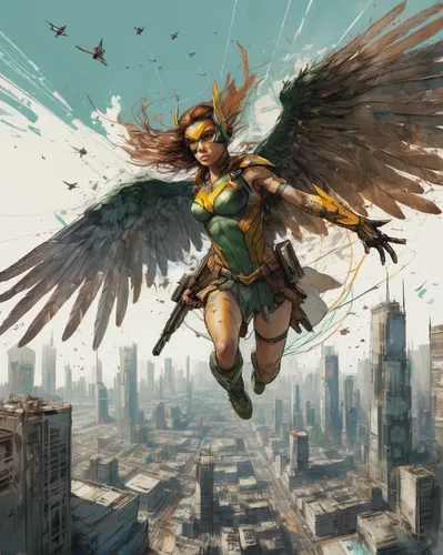 flying girl,harpy,aves,transistor,archangel,heroic fantasy,birds of prey,skycraper,bird of prey,flying hawk,the archangel,bird bird-of-prey,phoenix,athena,navi,falconer,sci fiction illustration,canary,falcon,hawk - bird,Illustration,Paper based,Paper Based 13