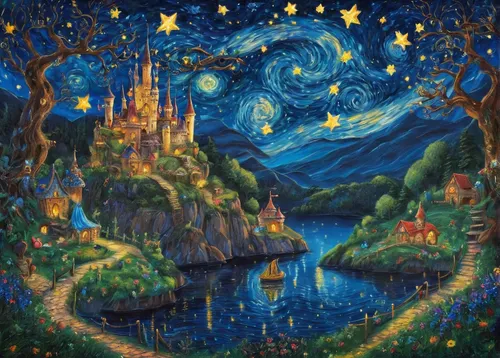 Roost (Starry Night)_40x60.jpg,fairy world,fantasia,fantasy world,fairy tale castle,fairy village,enchanted forest,fairy tale,fantasy picture,dream world,magical adventure,a fairy tale,forest of dream