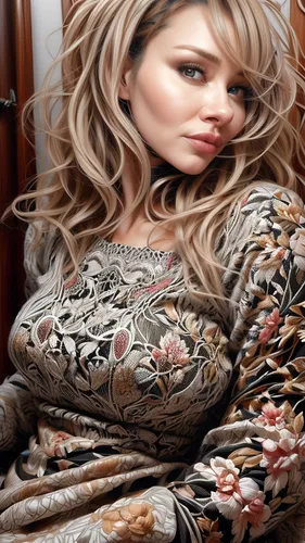 realdoll,woman on bed,blonde woman,girl in bed,photo painting,female model,woman laying down,brown fabric,sofa,girl in cloth,art model,sex doll,artificial hair integrations,kimono,blonde woman reading a newspaper,portrait background,depressed woman,blonde girl,brigitte bardot,women fashion