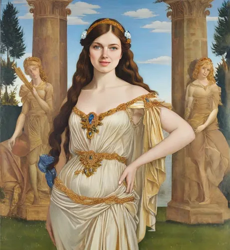 A stunning, intricate painting in the style of Sandro Botticelli, depicting a young, beautiful woman reminiscent of Helen of Troy. She is depicted as a noblewoman with a graceful torso, in a three-qua